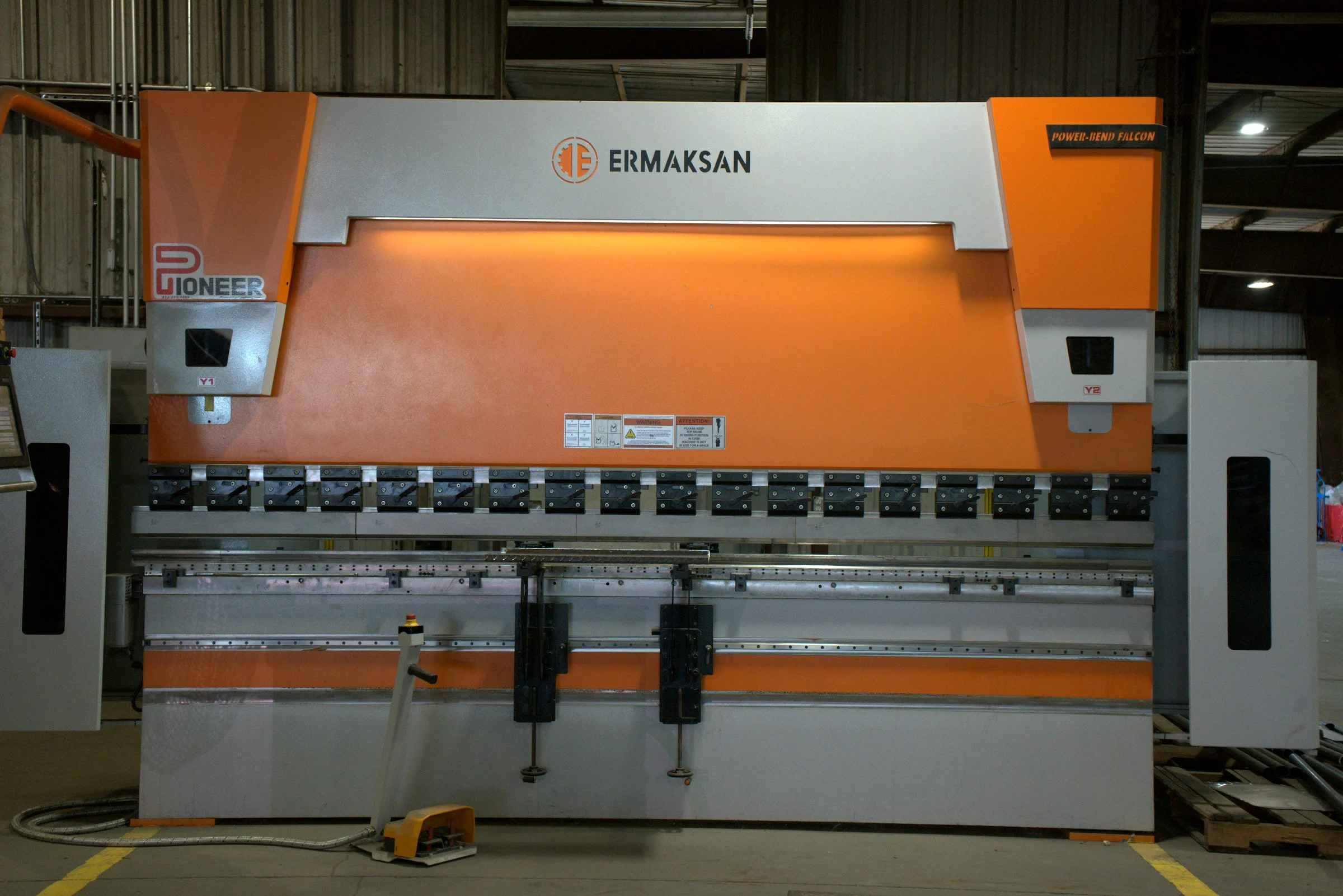 Press brake, straight on, at the Hawk Fabrication shop