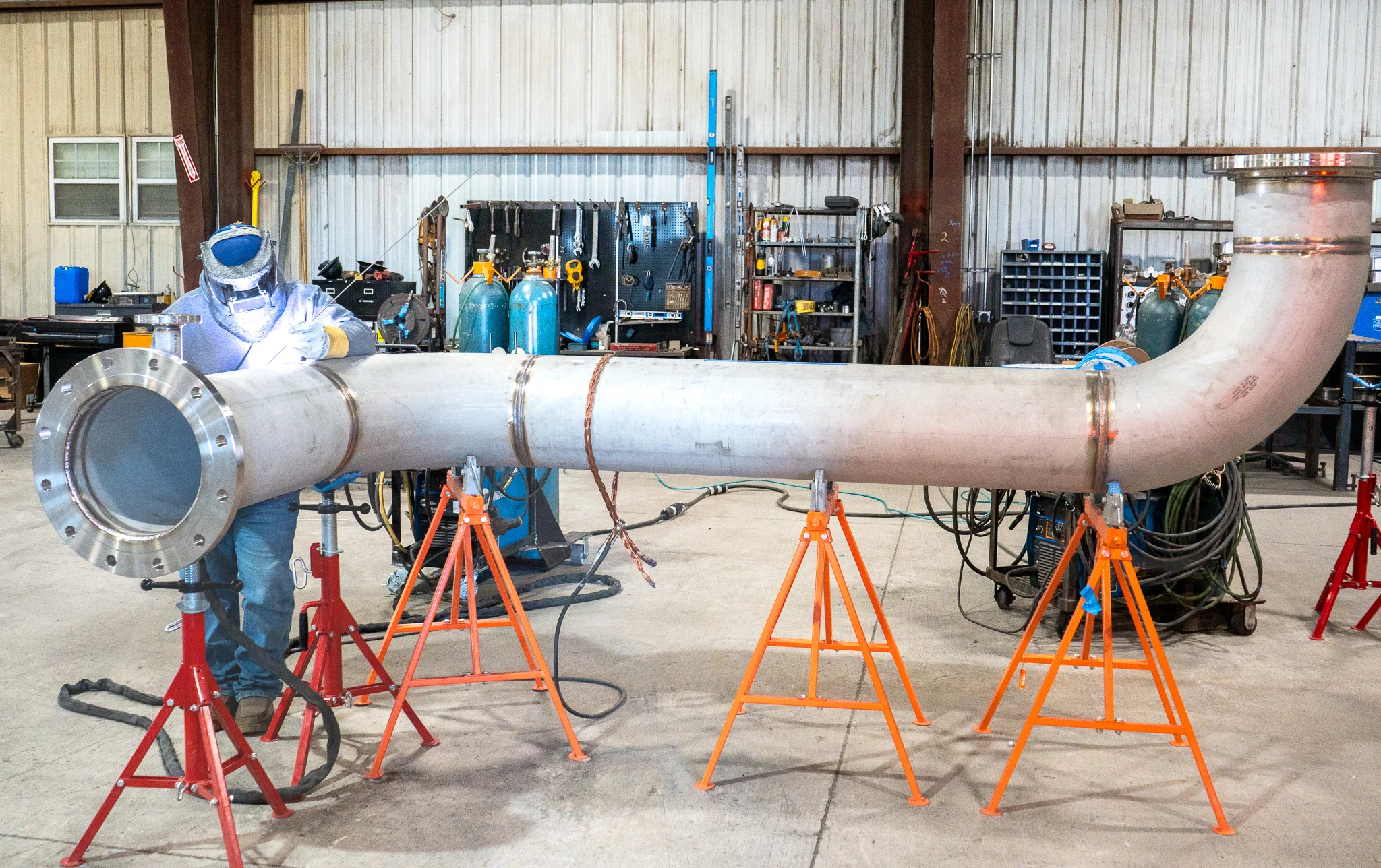 Pipe spool staged on stands at the Hawk Fabrication shop